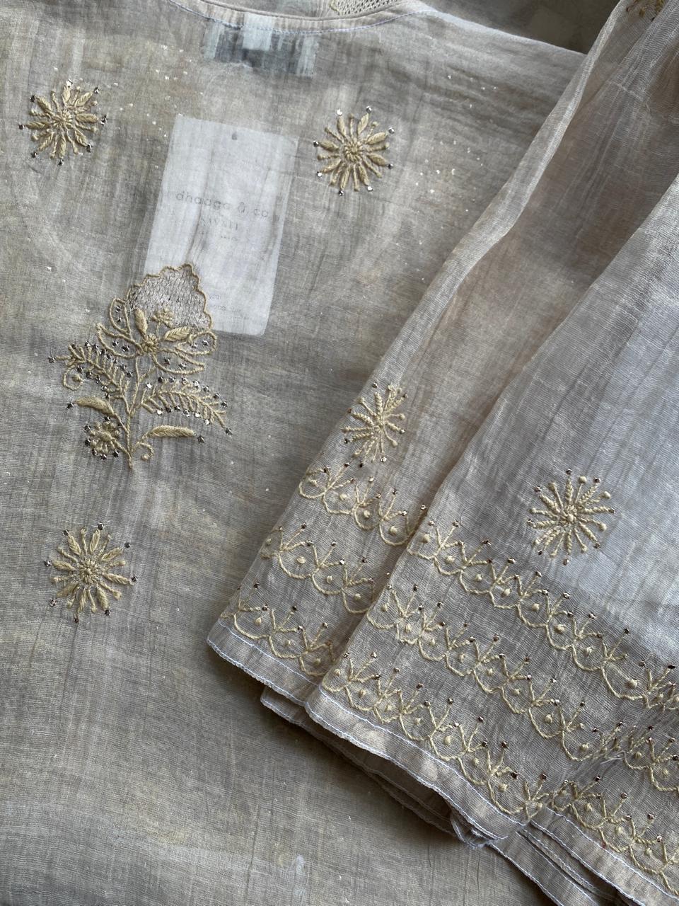 Beige Mul Chanderi Chikankari and Mukaish Sharara Set