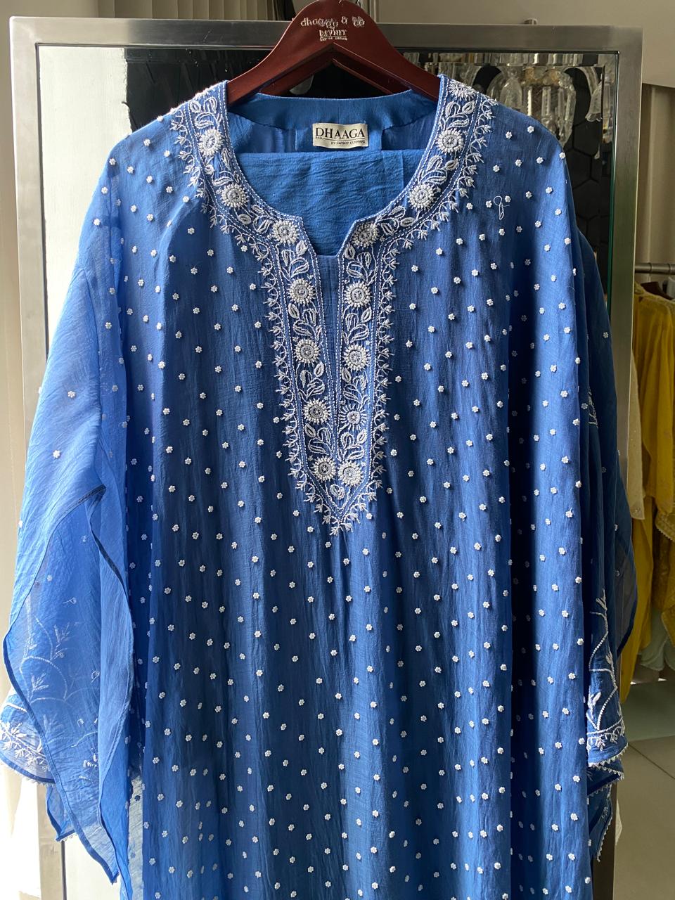 Cobalt blue Mul Chanderi Chikankari Kurta Set with Heavy Dupatta