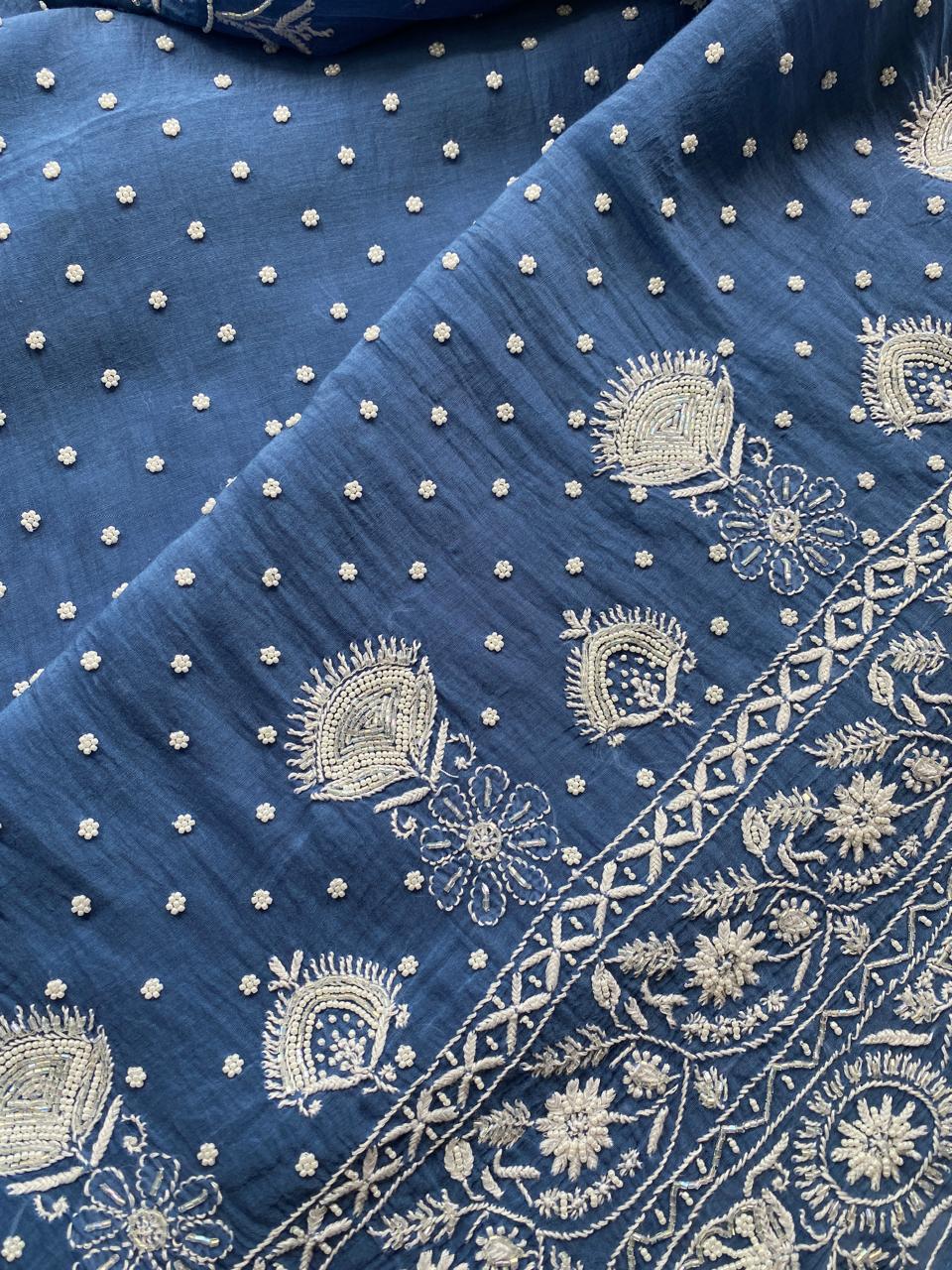 Cobalt blue Mul Chanderi Chikankari Kurta Set with Heavy Dupatta