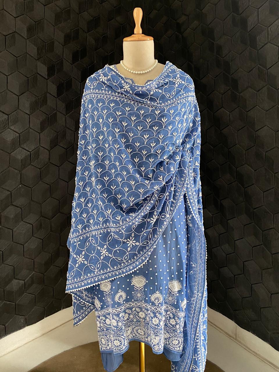 Cobalt blue Mul Chanderi Chikankari Kurta Set with Heavy Dupatta