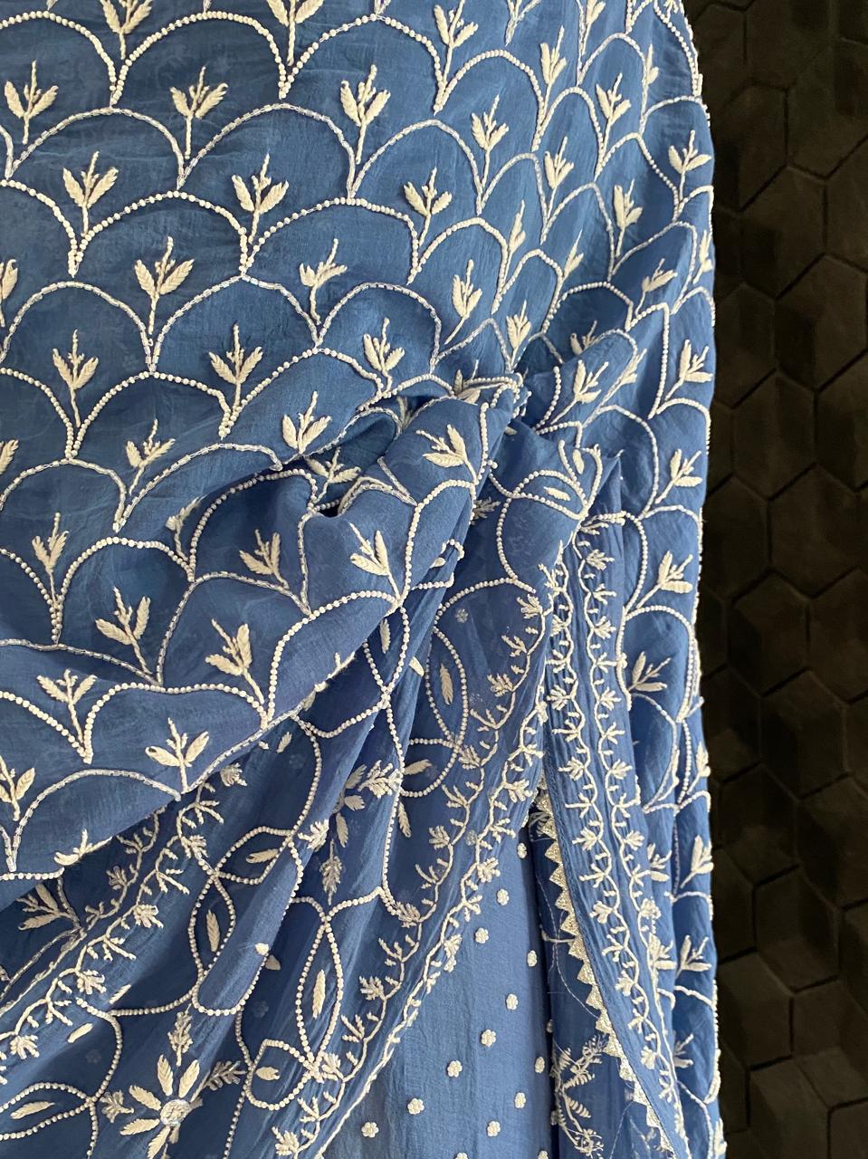 Cobalt blue Mul Chanderi Chikankari Kurta Set with Heavy Dupatta