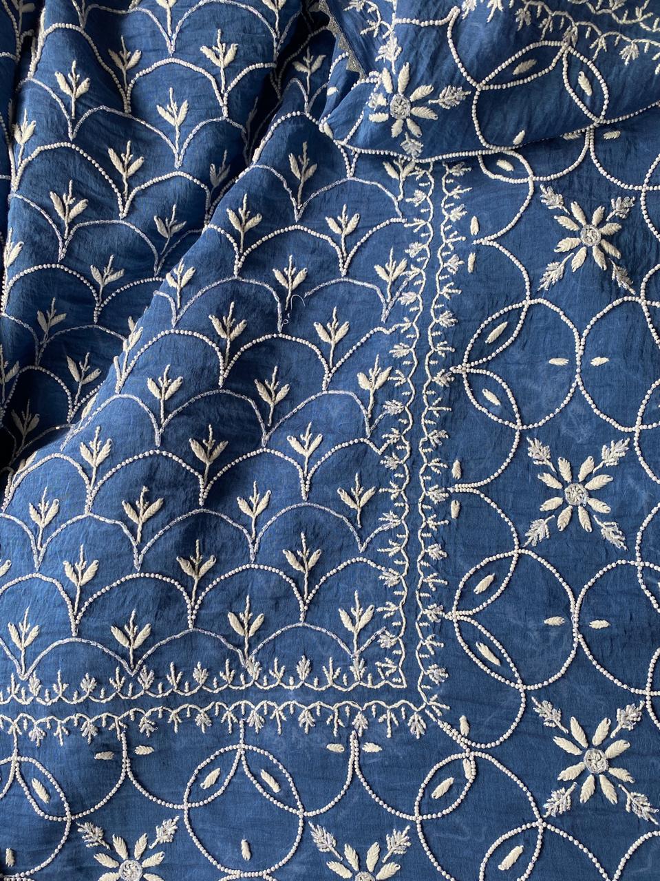 Cobalt blue Mul Chanderi Chikankari Kurta Set with Heavy Dupatta
