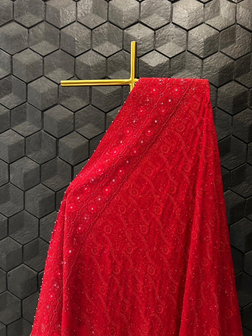 Red Georgette Chikankari Heavy Dupatta