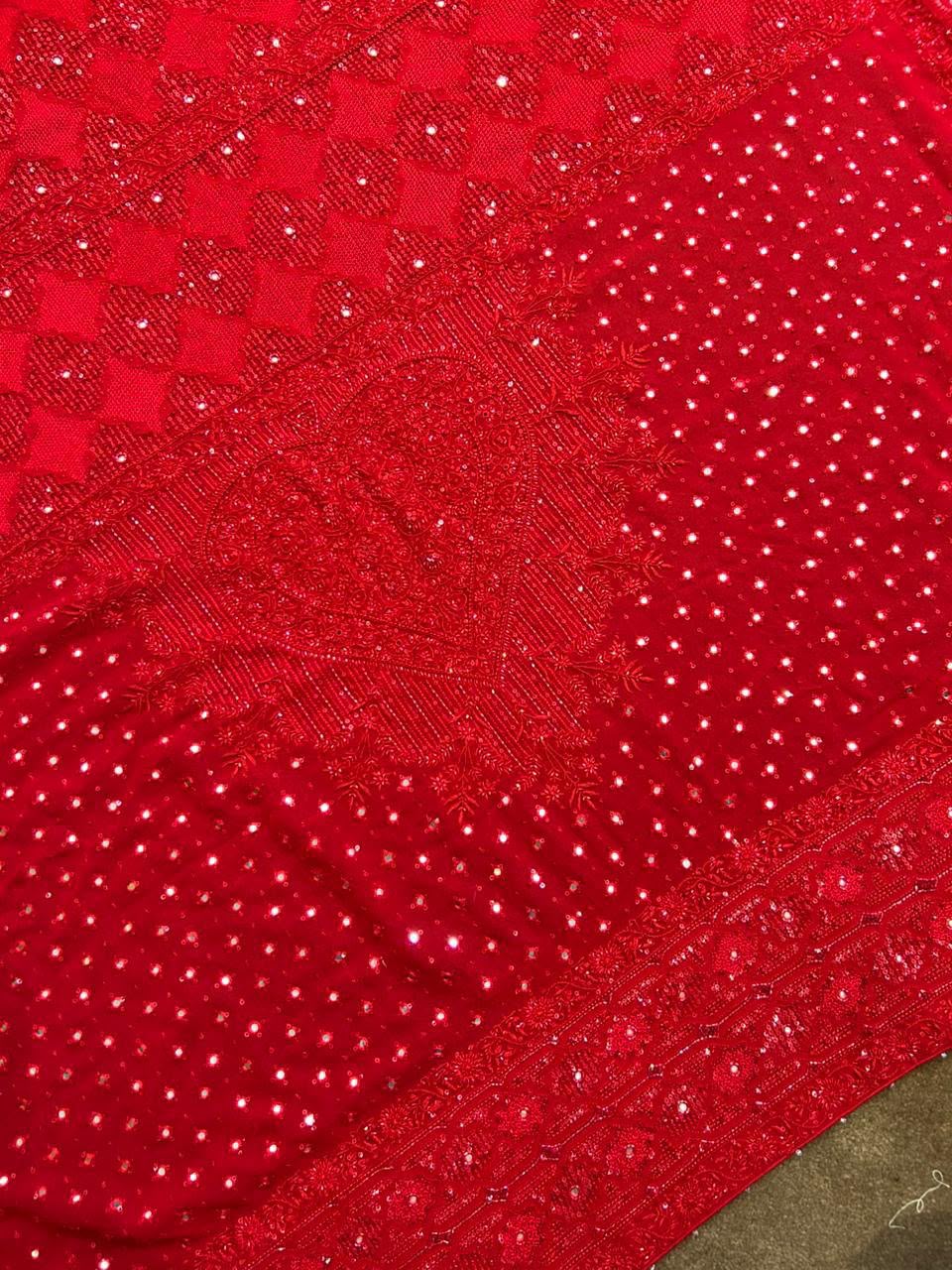 Red Georgette Chikankari Heavy Dupatta