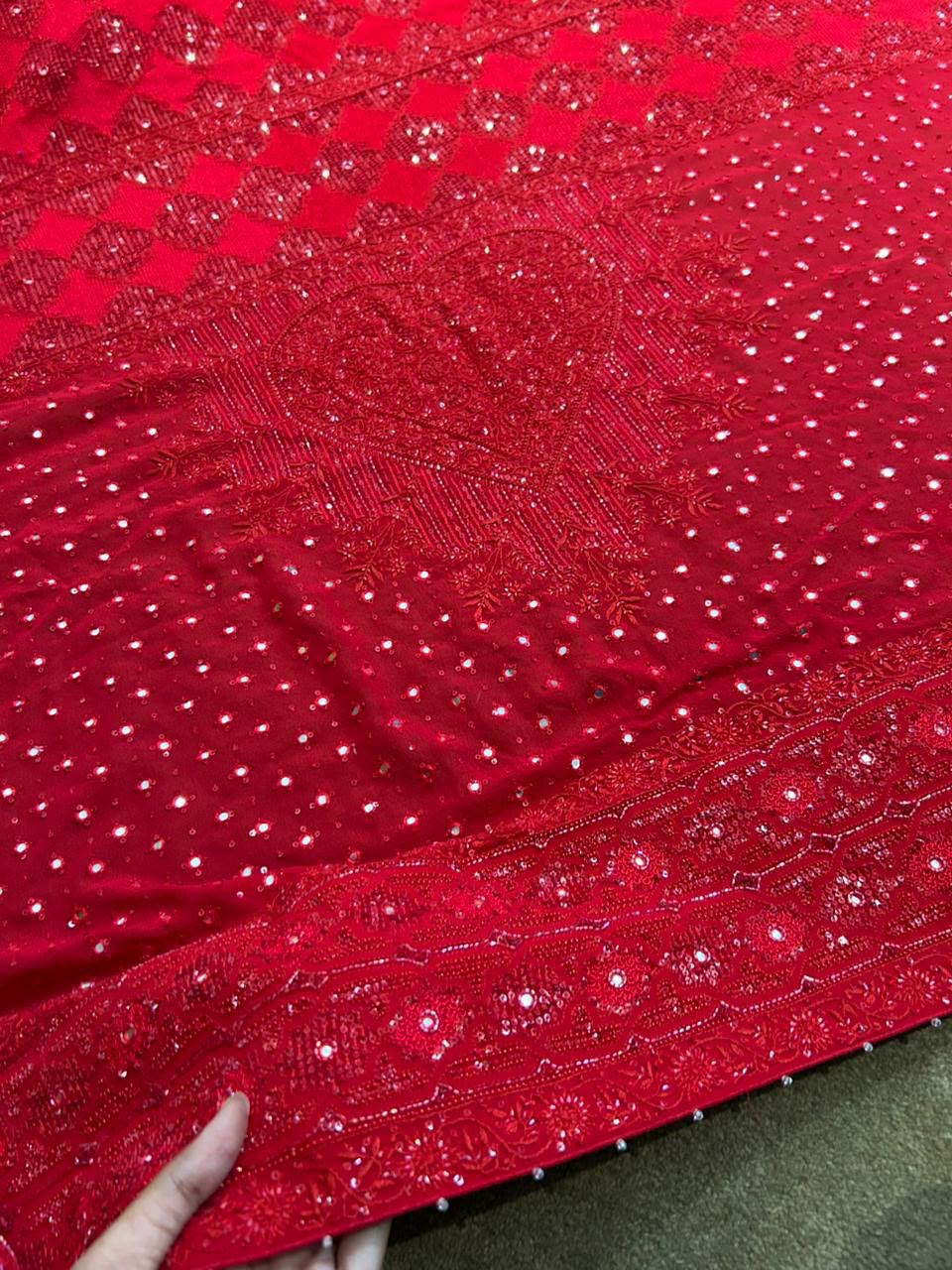 Red Georgette Chikankari Heavy Dupatta