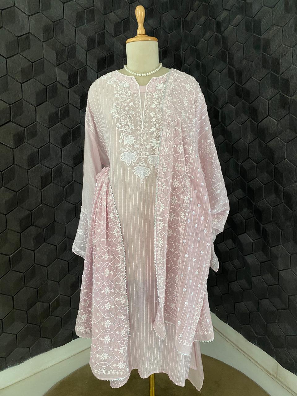 Lilac Mul Chanderi Chikankari Kurta Set with Heavy Dupatta
