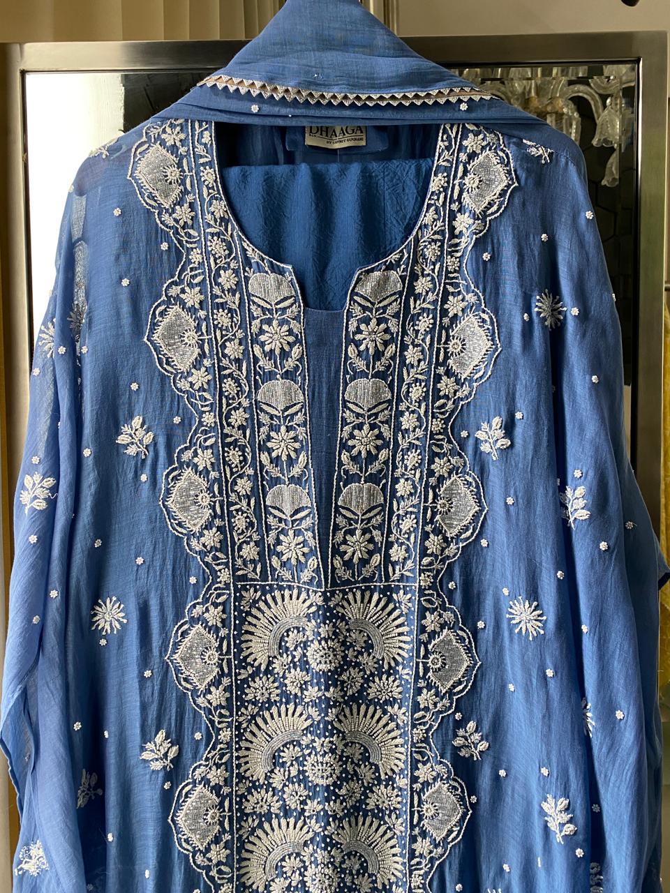 Cobalt Blue Mul Chanderi Chikankari Kurta Set