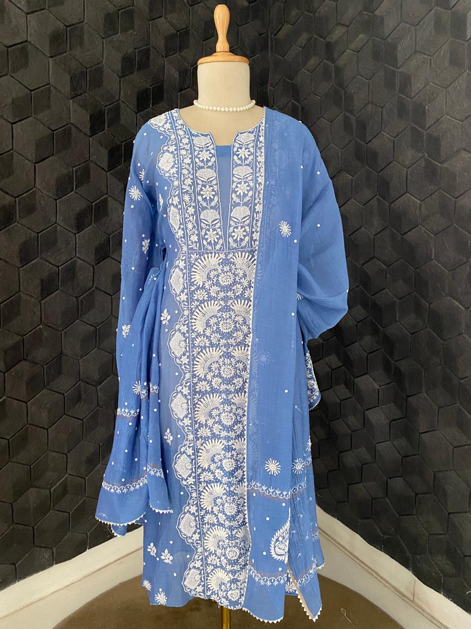 Cobalt Blue Mul Chanderi Chikankari Kurta Set