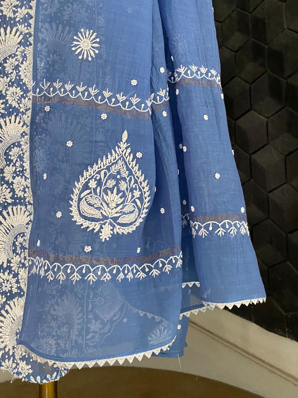 Cobalt Blue Mul Chanderi Chikankari Kurta Set