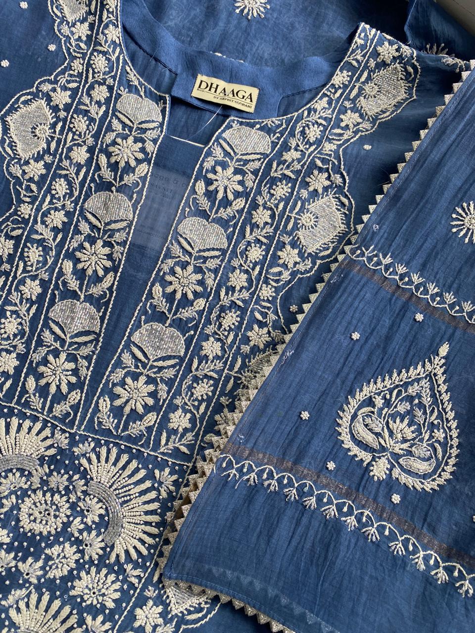 Cobalt Blue Mul Chanderi Chikankari Kurta Set