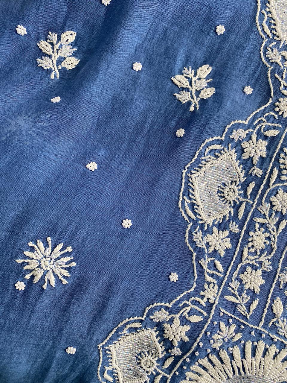Cobalt Blue Mul Chanderi Chikankari Kurta Set