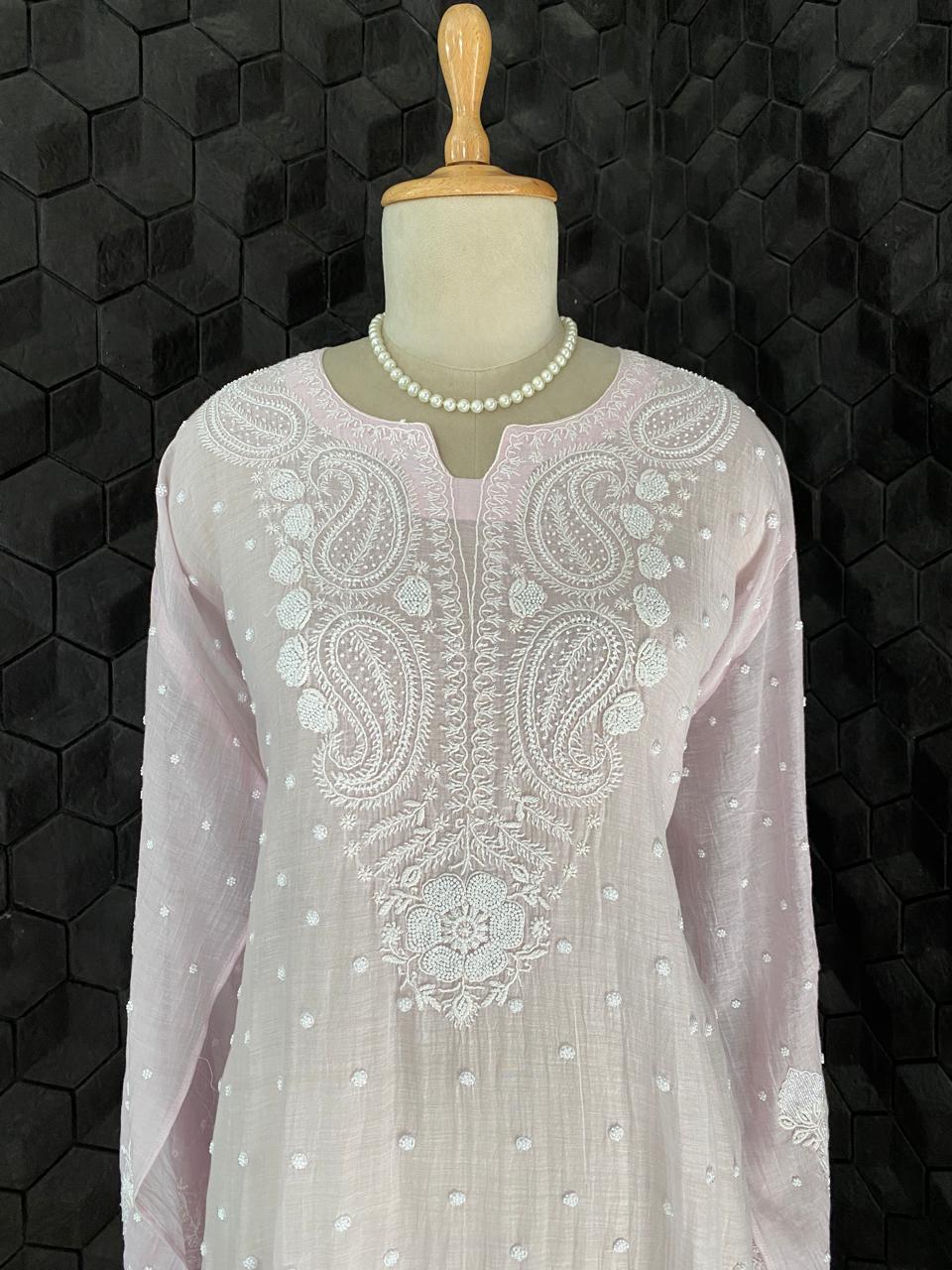 Lilac Mul Chanderi Chikankari Kurta Set