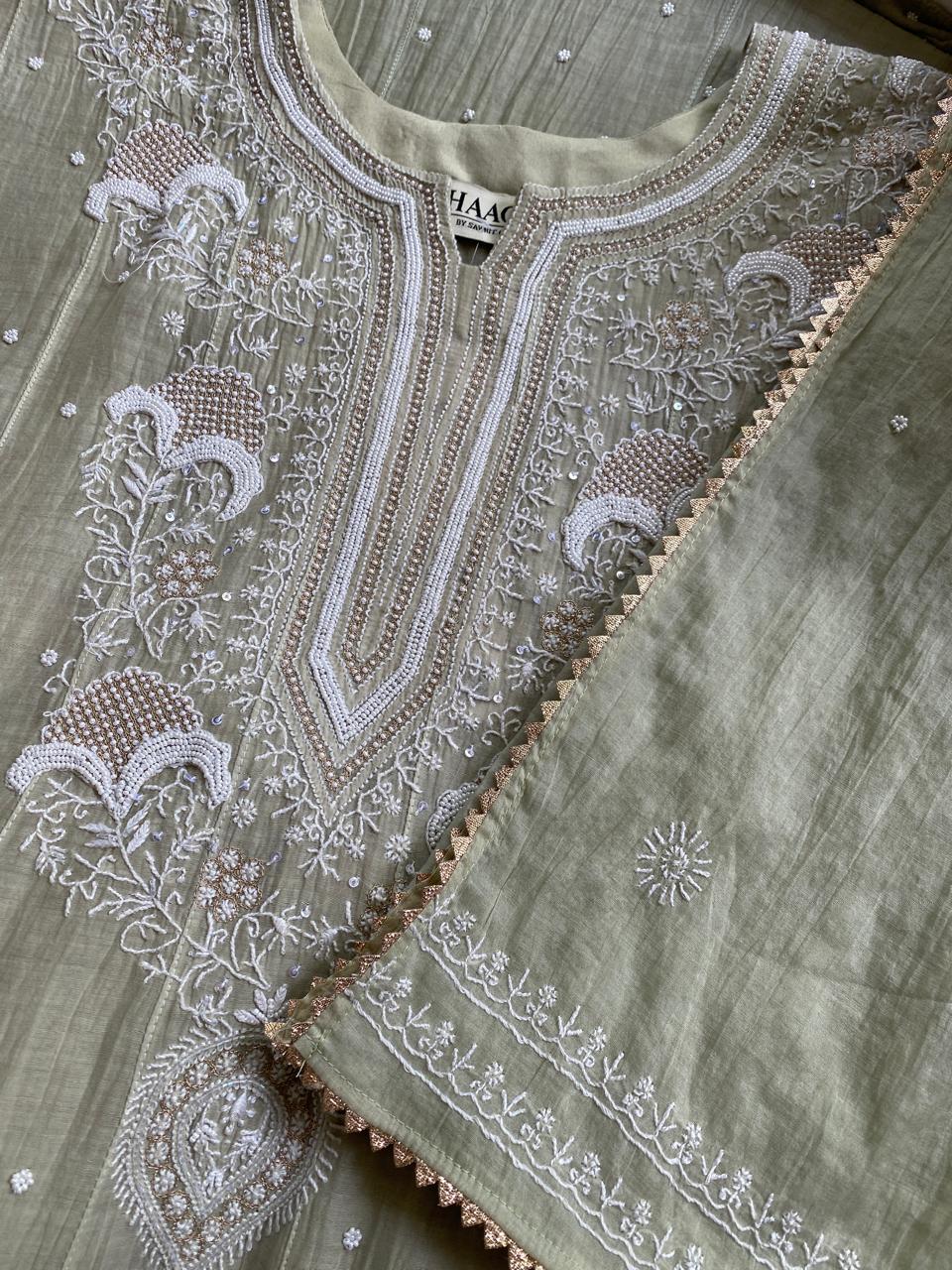 Ombre Sage Green Mul Chanderi Chikankari Kurta Set