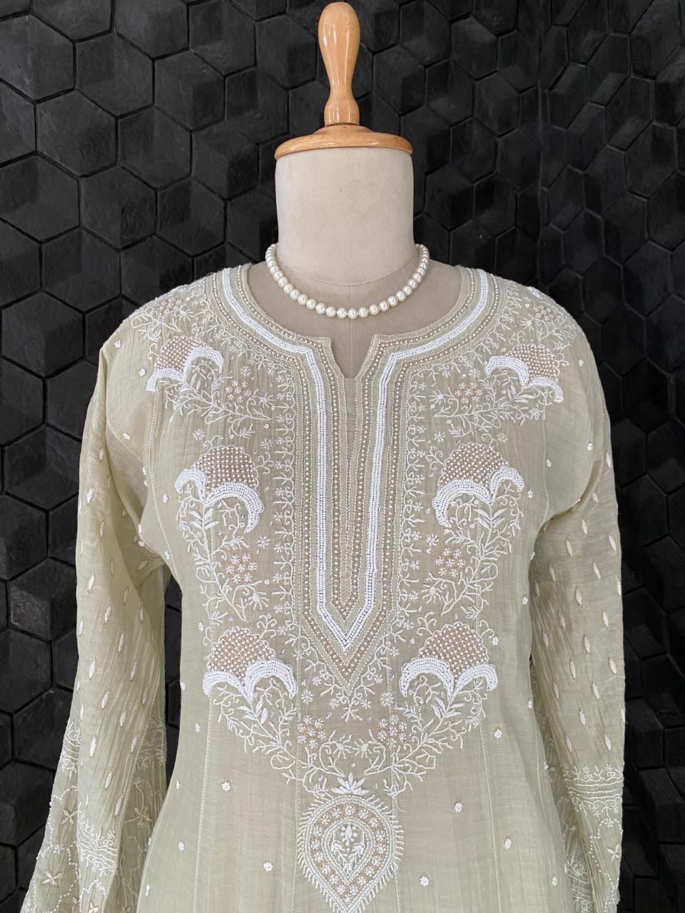 Ombre Sage Green Mul Chanderi Chikankari Kurta Set