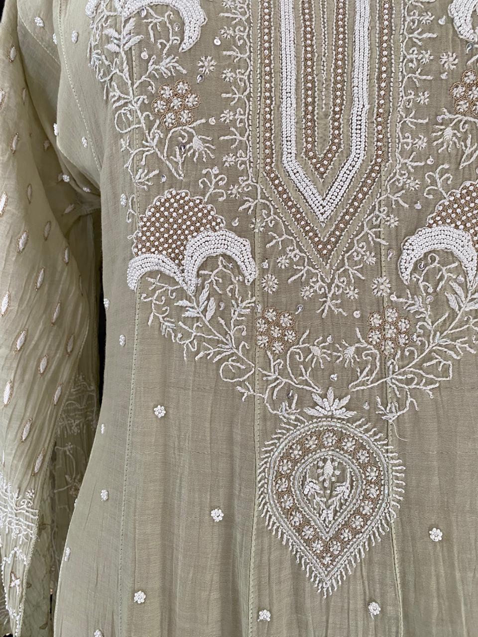 Ombre Sage Green Mul Chanderi Chikankari Kurta Set