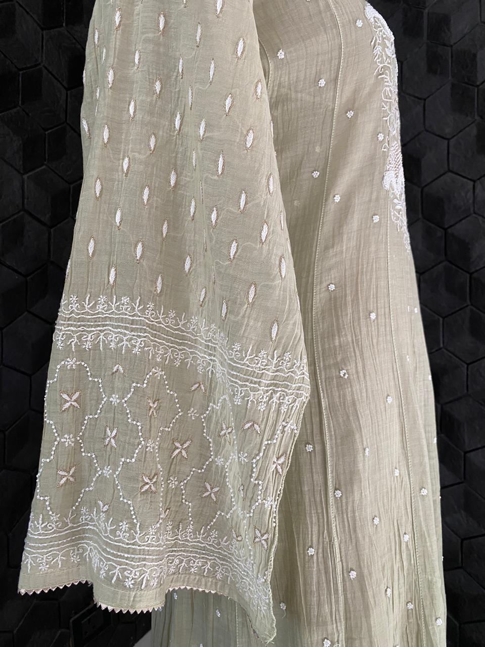 Ombre Sage Green Mul Chanderi Chikankari Kurta Set