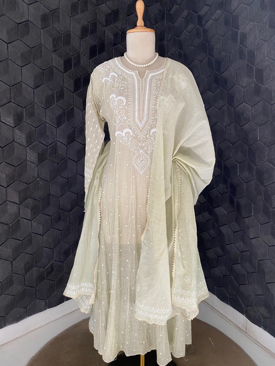 Ombre Sage Green Mul Chanderi Chikankari Kurta Set