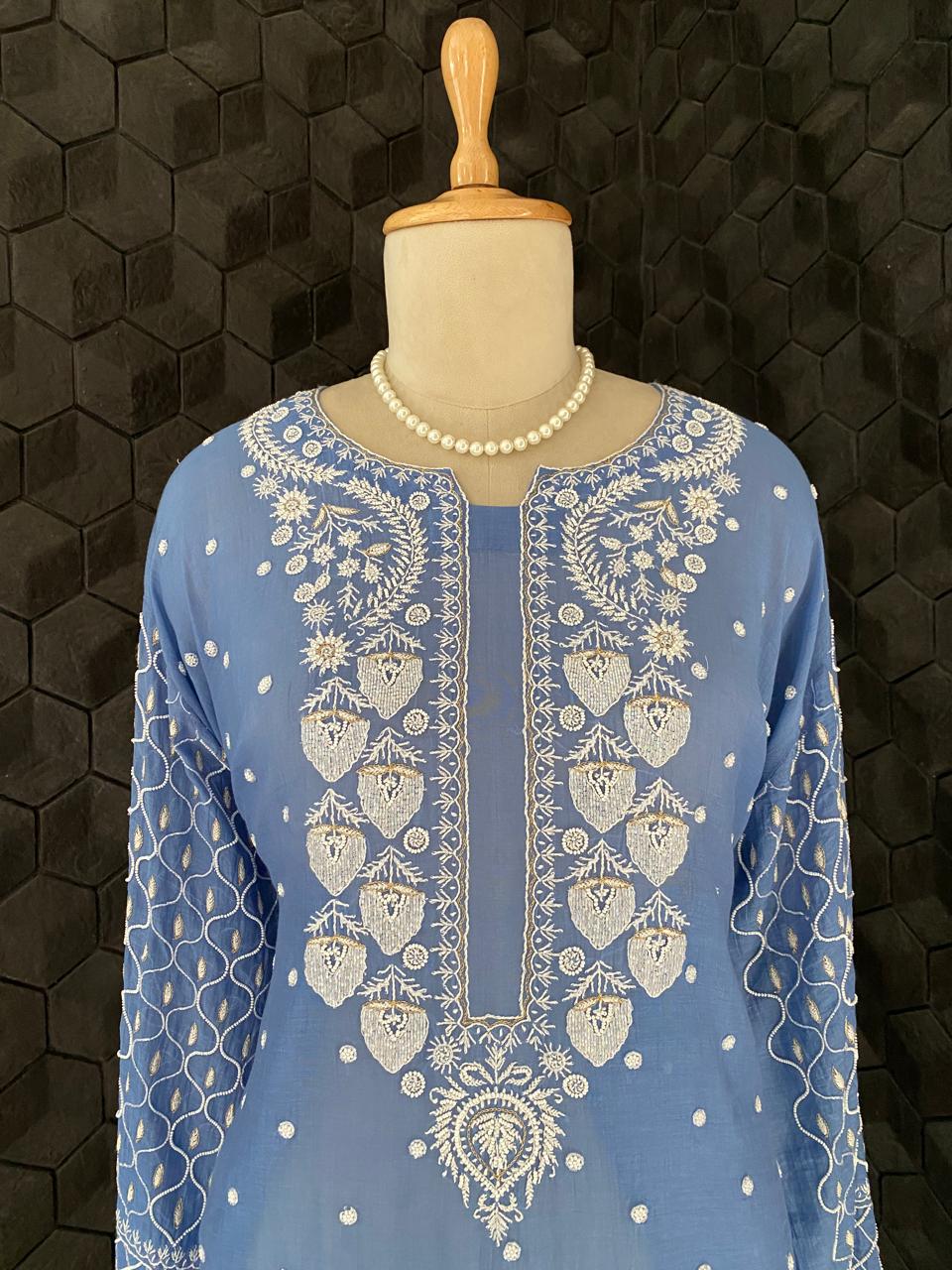 Blue Mul Chanderi Chikankari Kurta Set