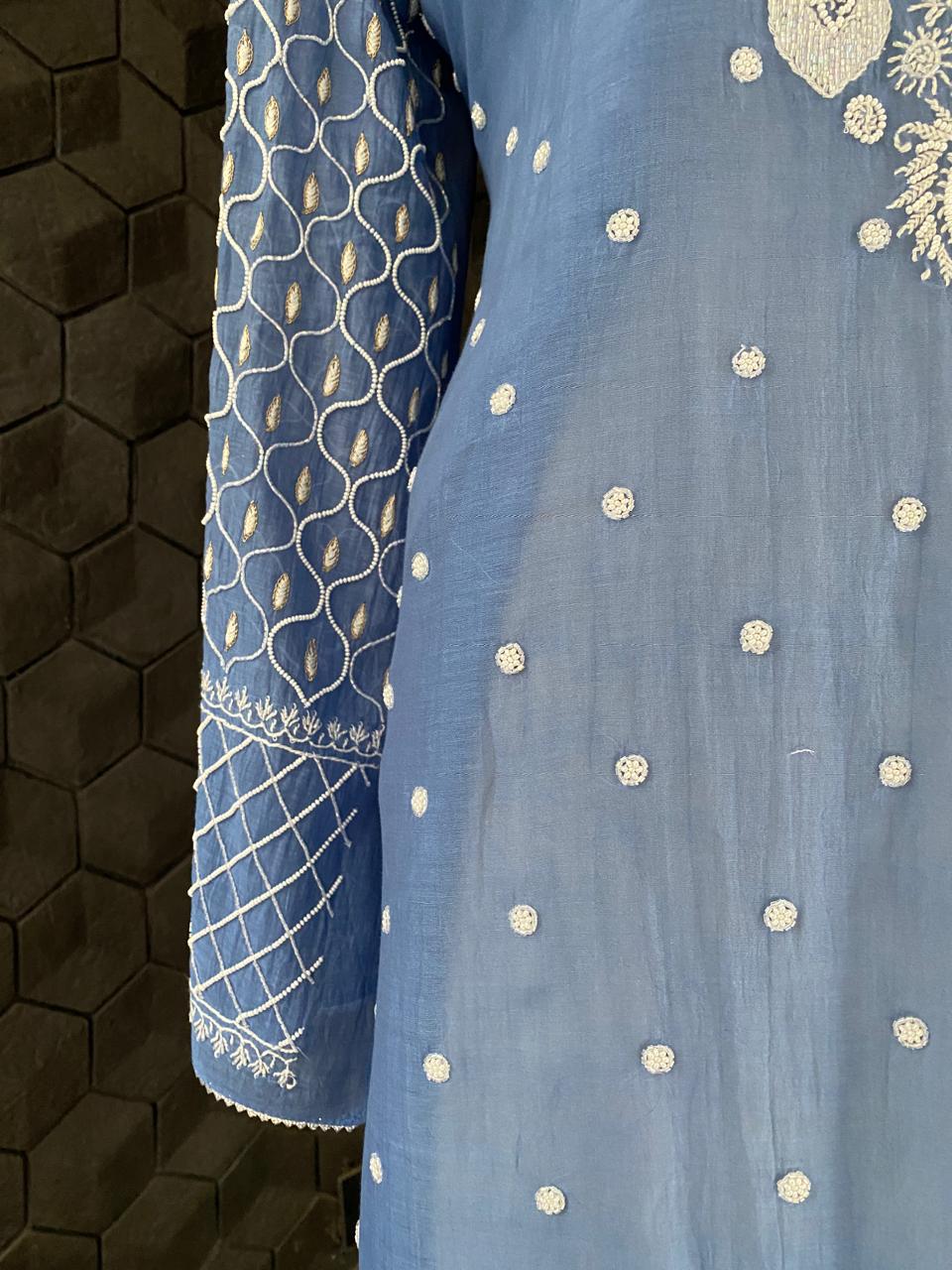Blue Mul Chanderi Chikankari Kurta Set