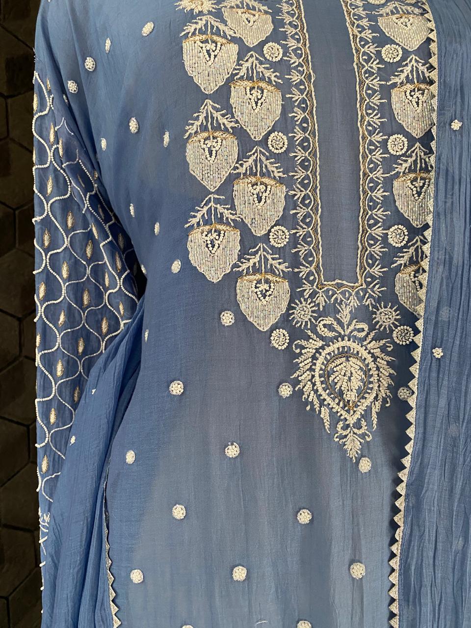 Blue Mul Chanderi Chikankari Kurta Set