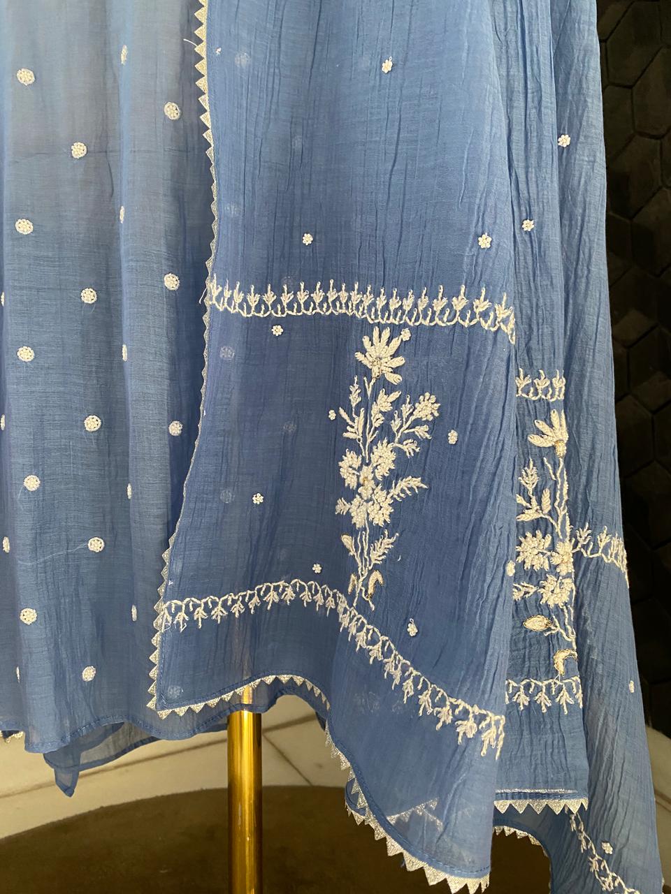 Blue Mul Chanderi Chikankari Kurta Set