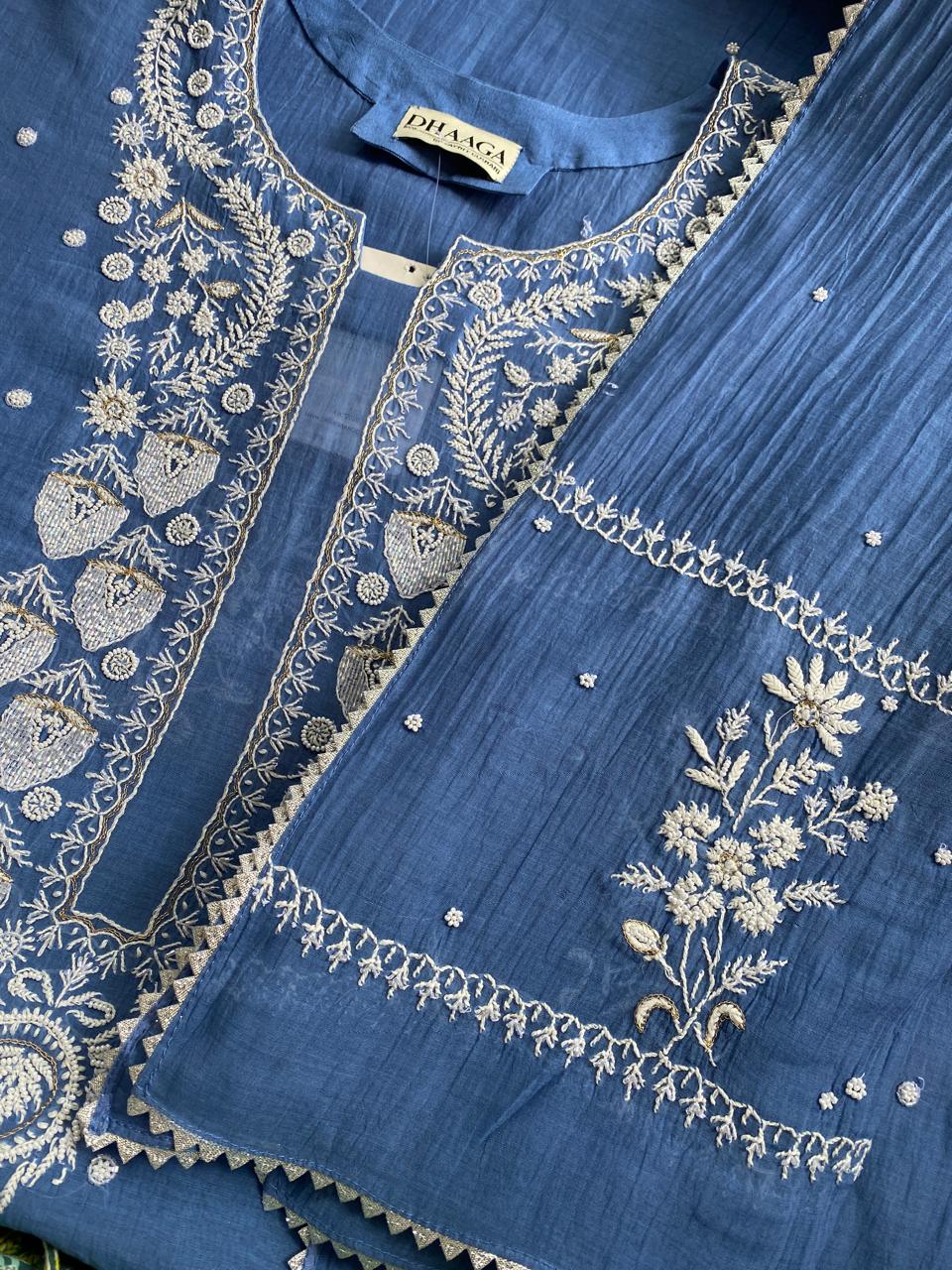 Blue Mul Chanderi Chikankari Kurta Set