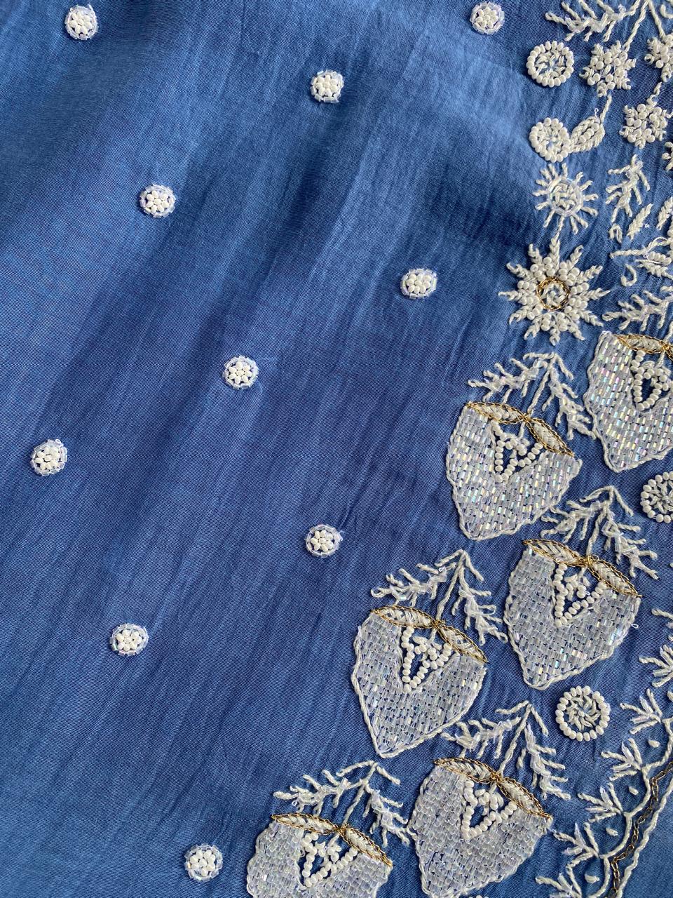 Blue Mul Chanderi Chikankari Kurta Set