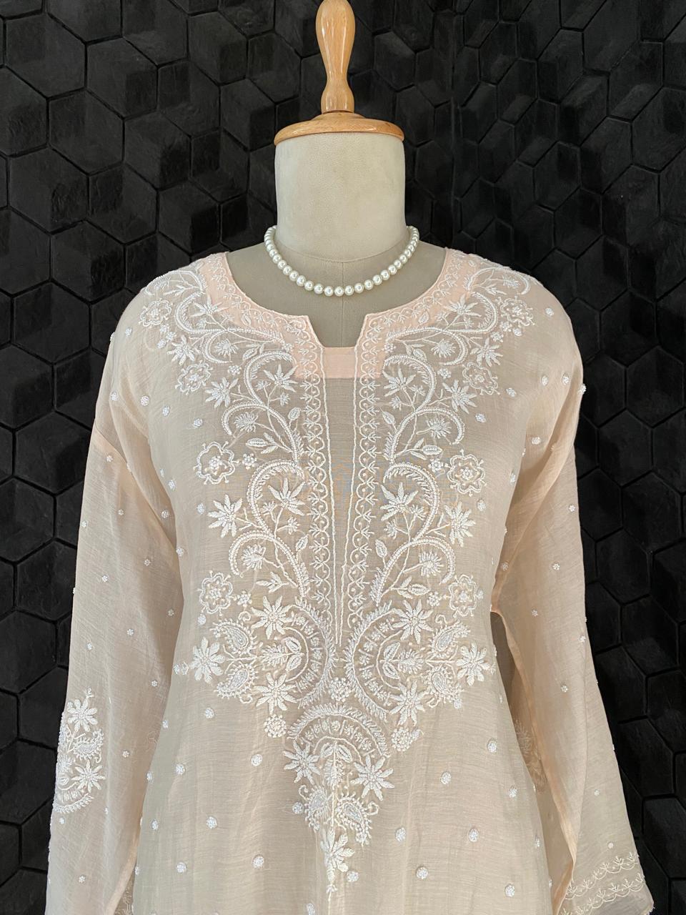Peach Mul Chanderi Chikankari Kurta Set