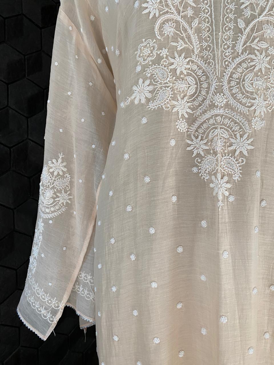 Peach Mul Chanderi Chikankari Kurta Set