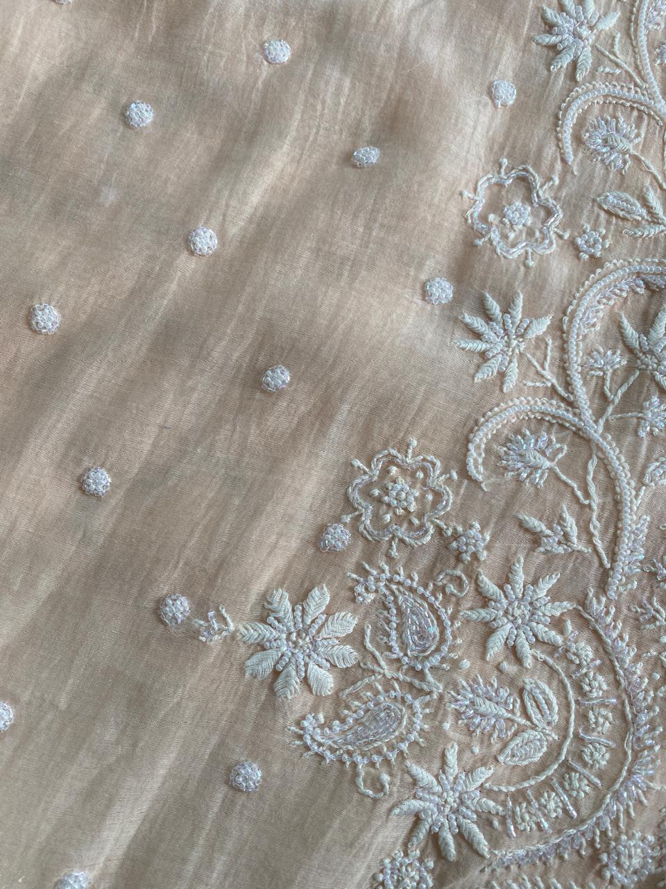 Peach Mul Chanderi Chikankari Kurta Set