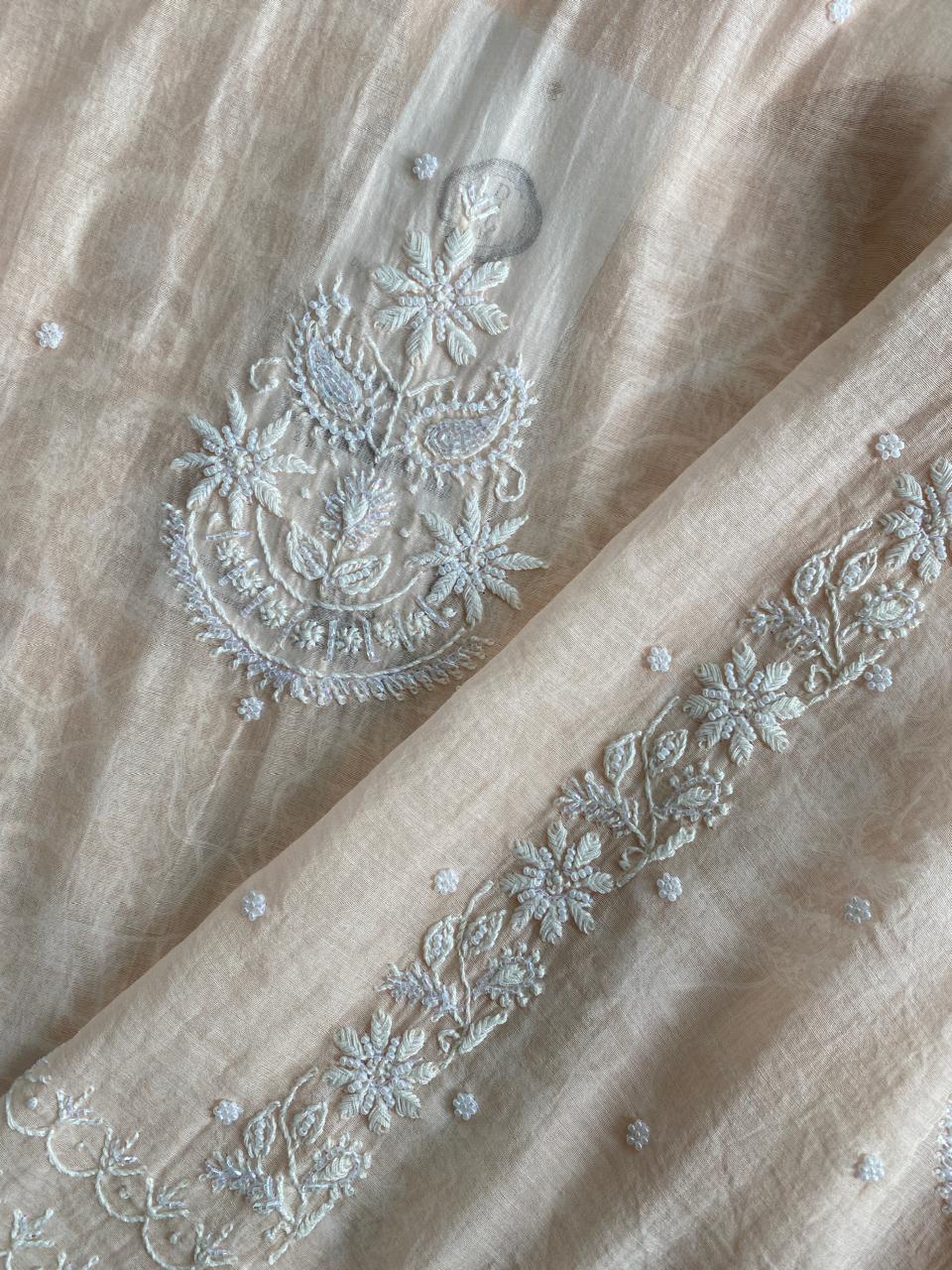 Peach Mul Chanderi Chikankari Kurta Set