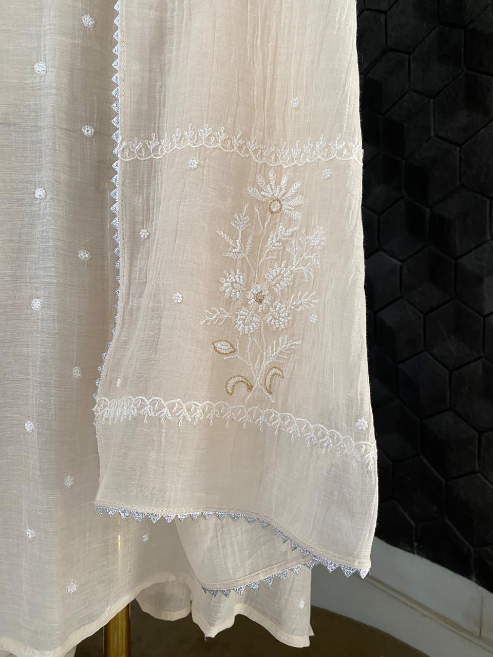 Beige Mul Chanderi Chikankari Kurta Set