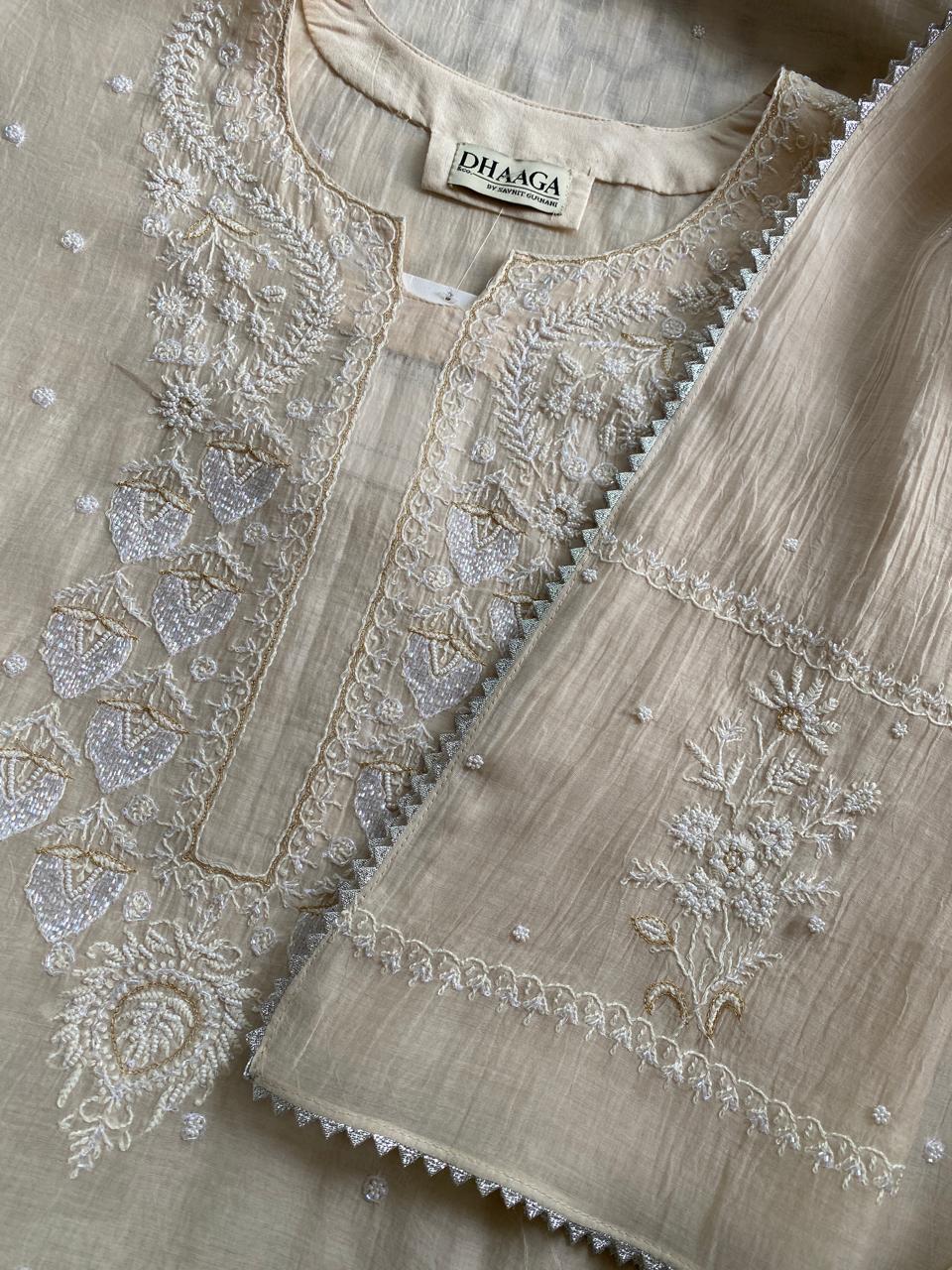 Beige Mul Chanderi Chikankari Kurta Set