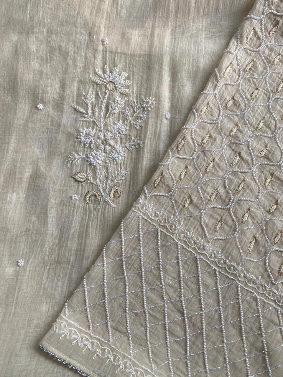 Beige Mul Chanderi Chikankari Kurta Set