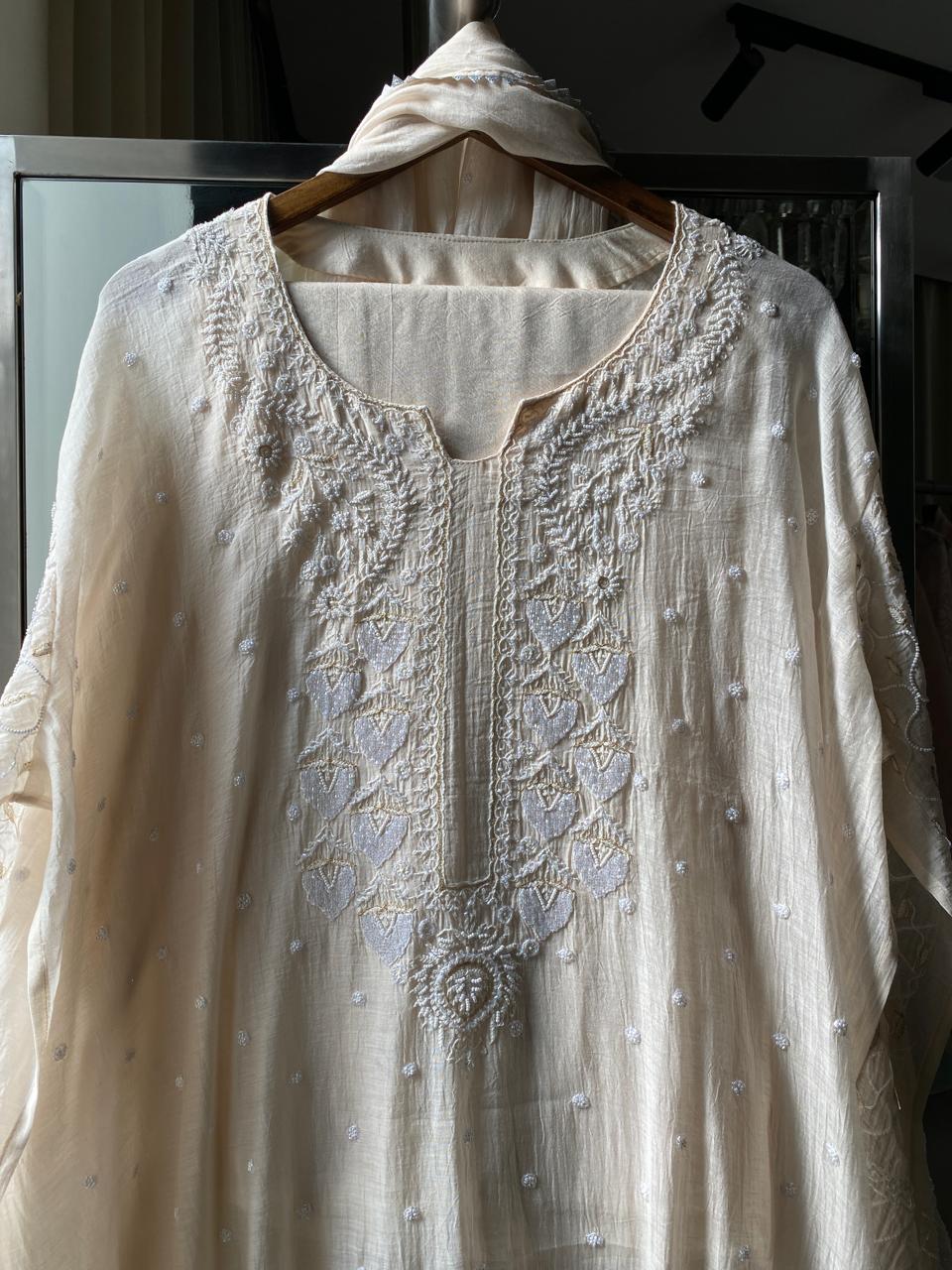 Beige Mul Chanderi Chikankari Kurta Set