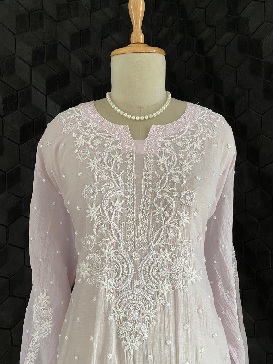 Lilac Mul Chanderi Chikankari Kurta Set