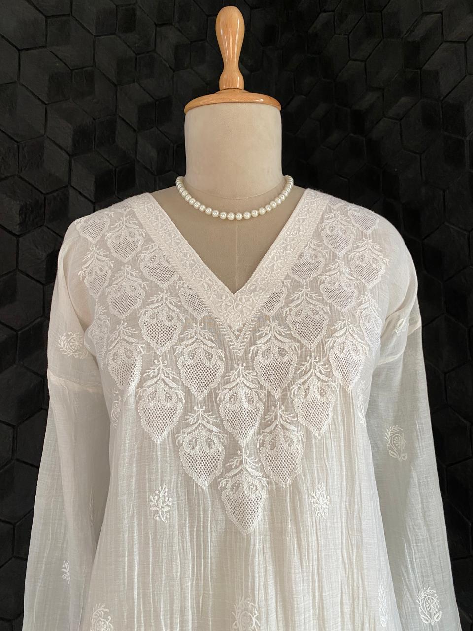 White Mul Chanderi Chikankari Kurta Set