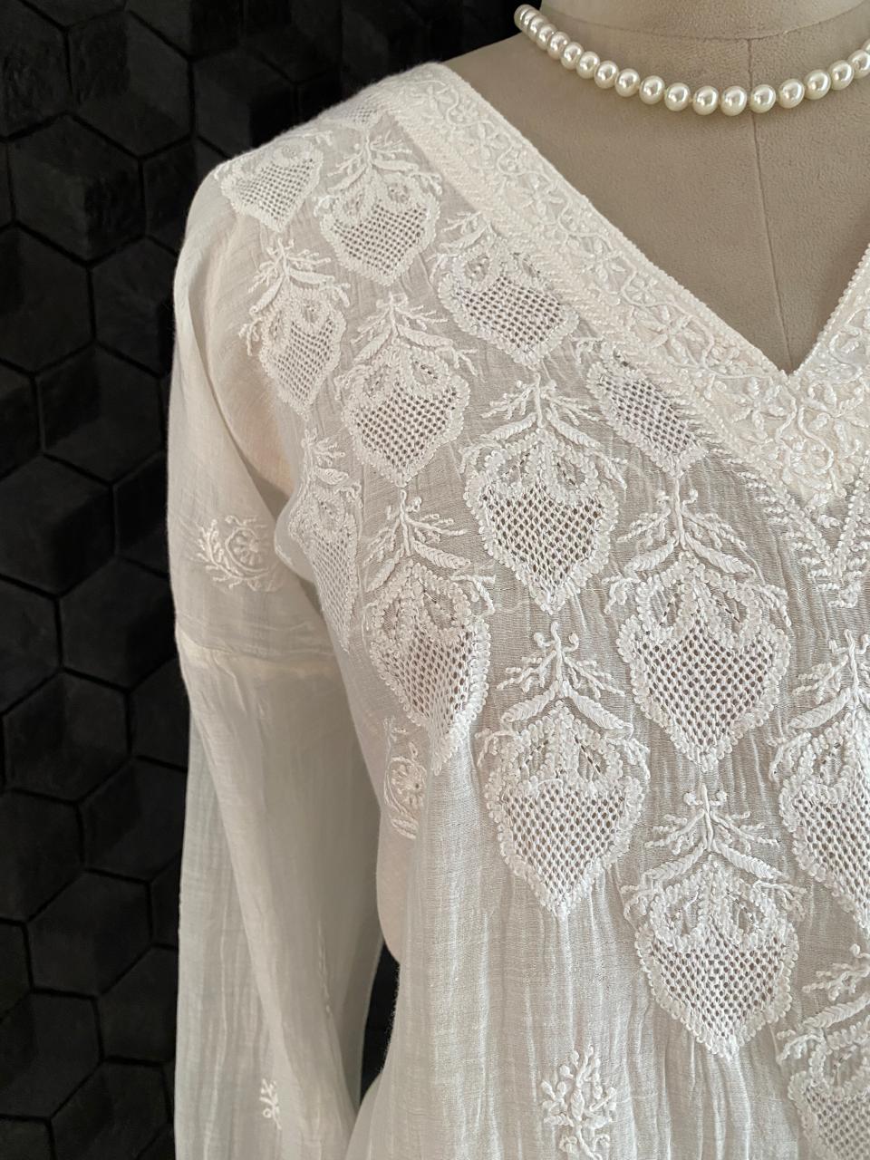 White Mul Chanderi Chikankari Kurta Set