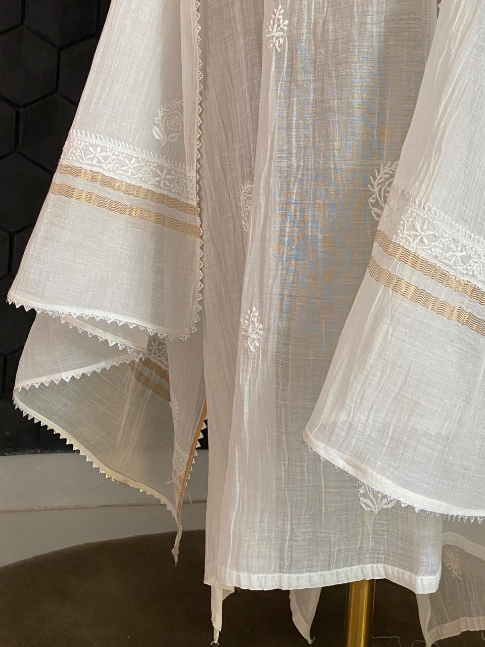 White Mul Chanderi Chikankari Kurta Set