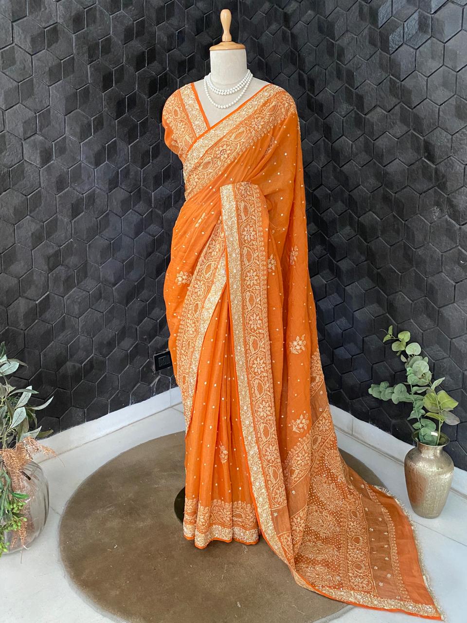Rust Orange Chikankari Saree in Golden Tissue