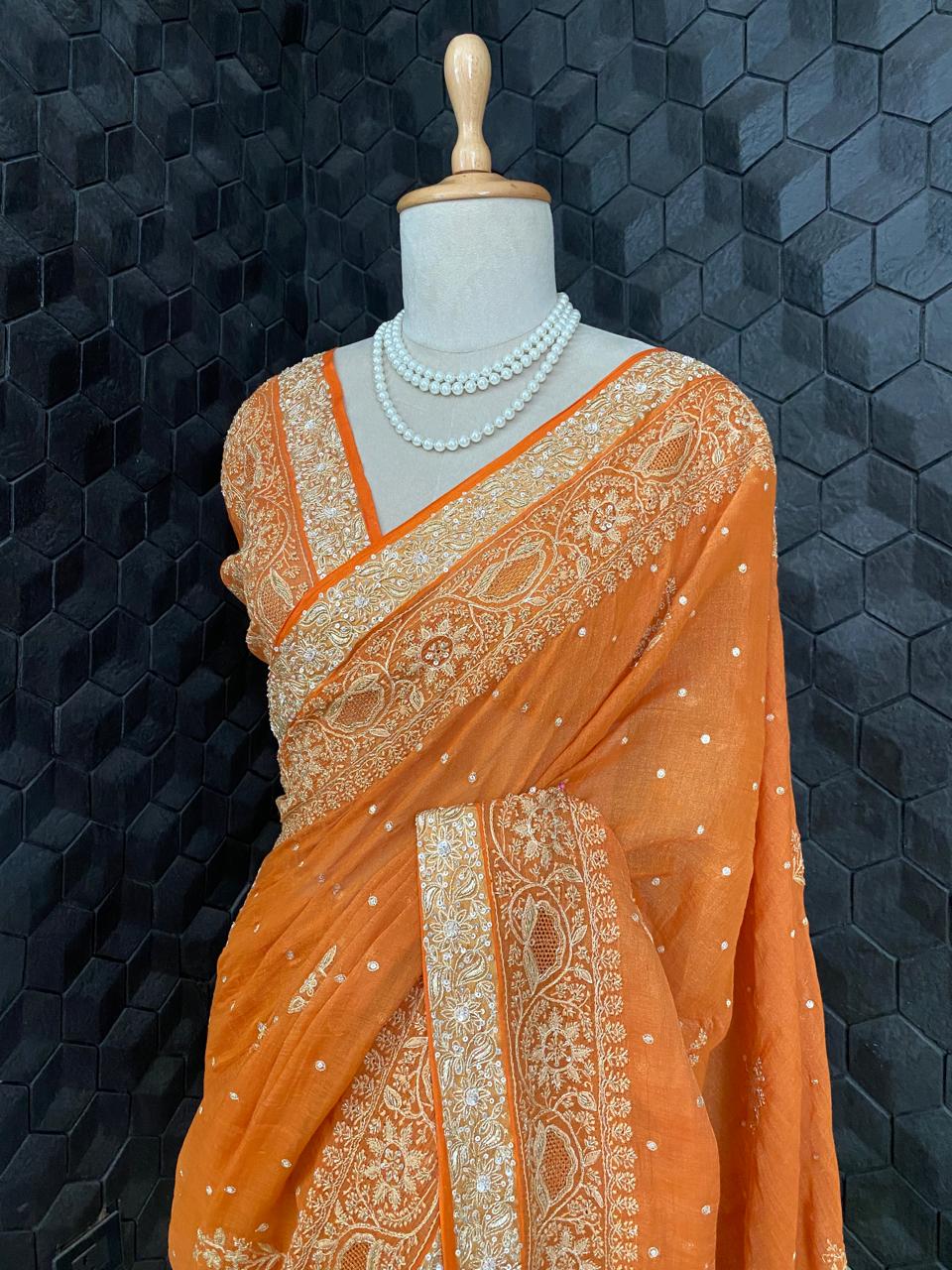 Rust Orange Chikankari Saree in Golden Tissue