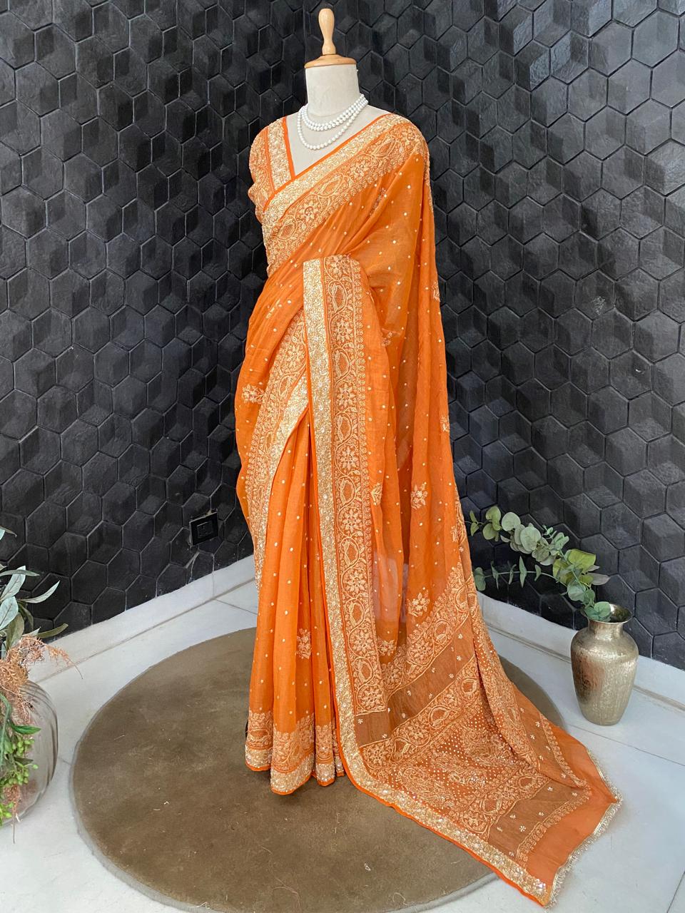 Rust Orange Chikankari Saree in Golden Tissue