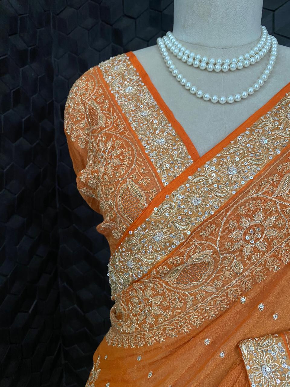 Rust Orange Chikankari Saree in Golden Tissue