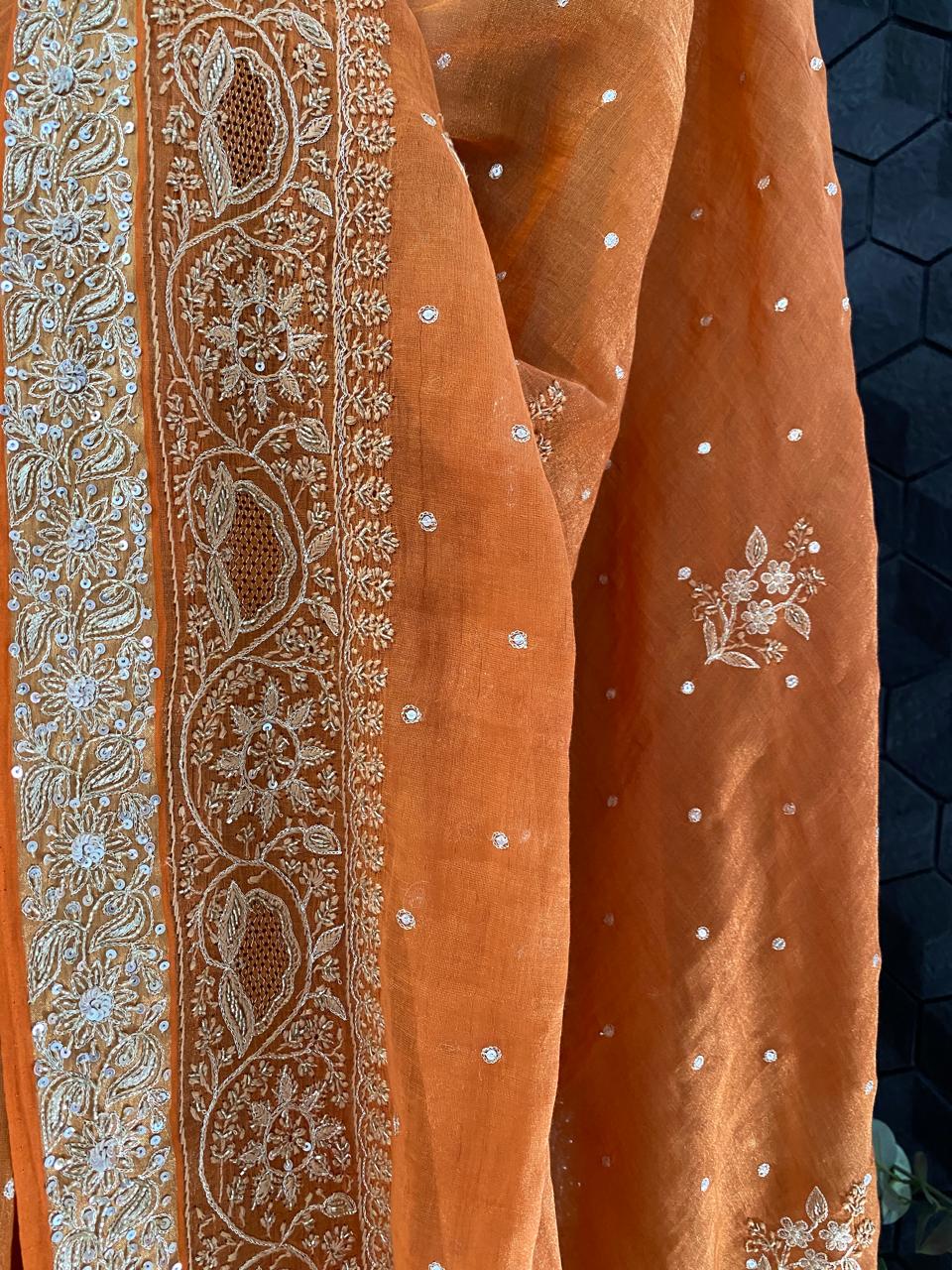 Rust Orange Chikankari Saree in Golden Tissue