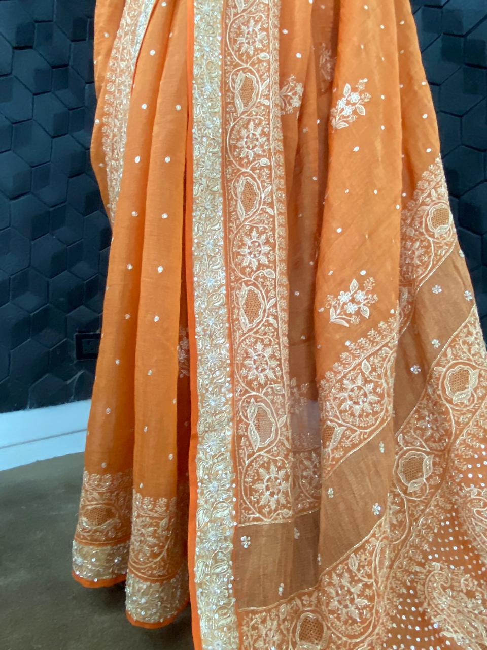 Rust Orange Chikankari Saree in Golden Tissue