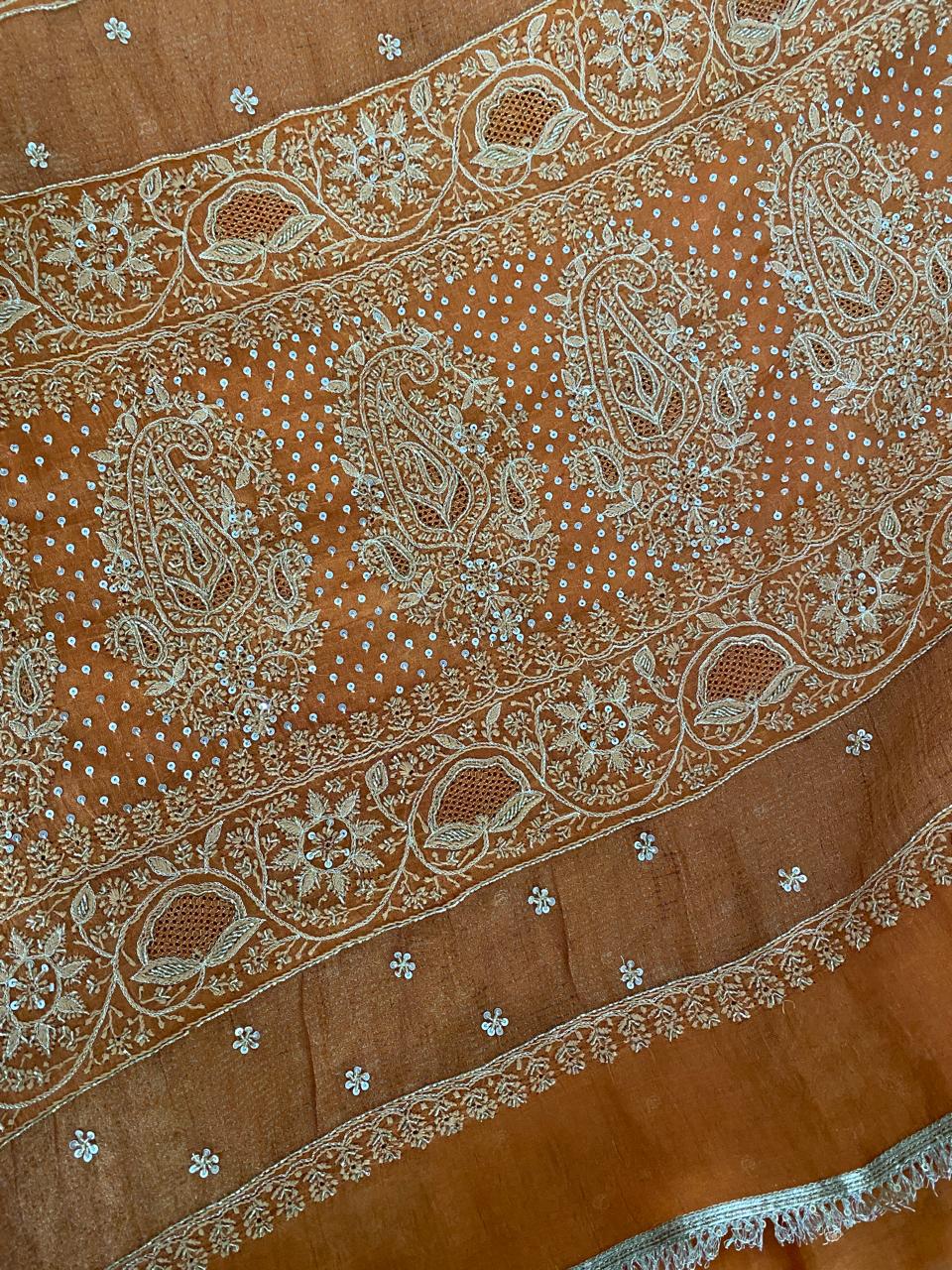 Rust Orange Chikankari Saree in Golden Tissue