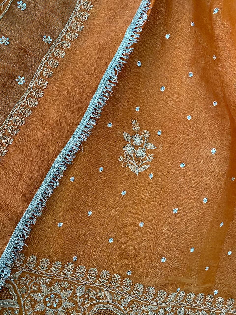 Rust Orange Chikankari Saree in Golden Tissue