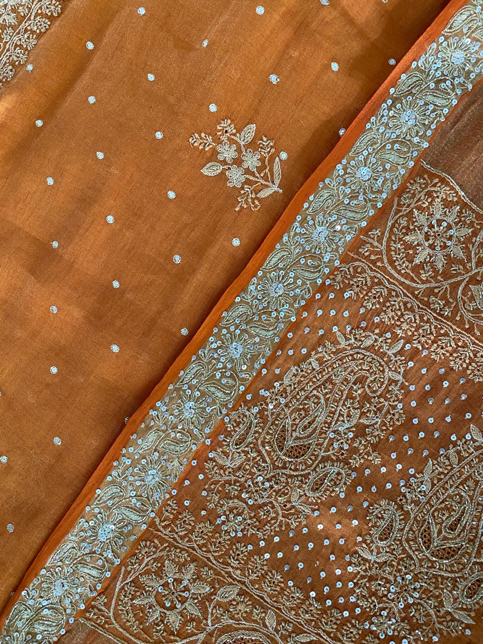 Rust Orange Chikankari Saree in Golden Tissue
