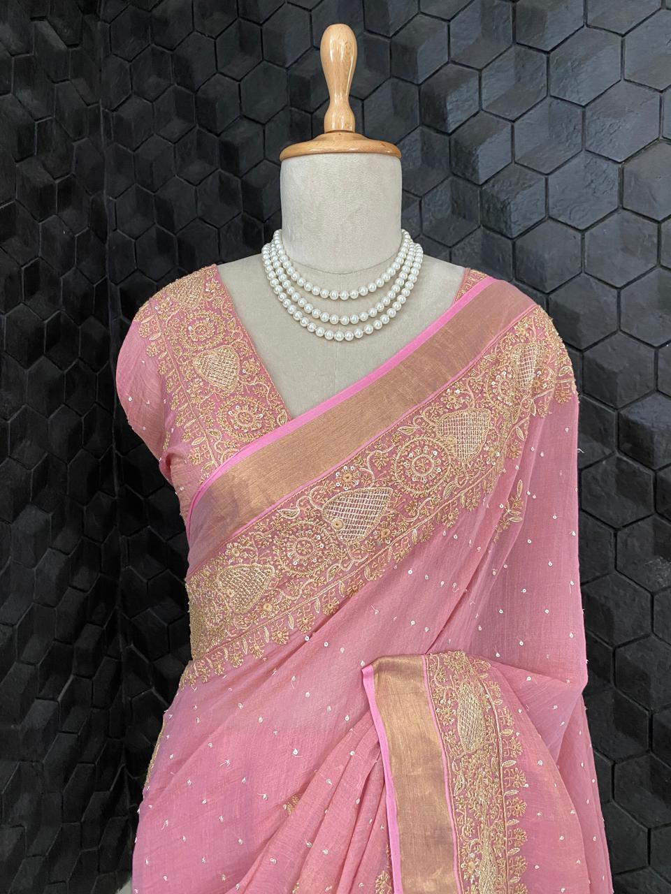 Onion Pink Chikankari Saree in Golden Tissue