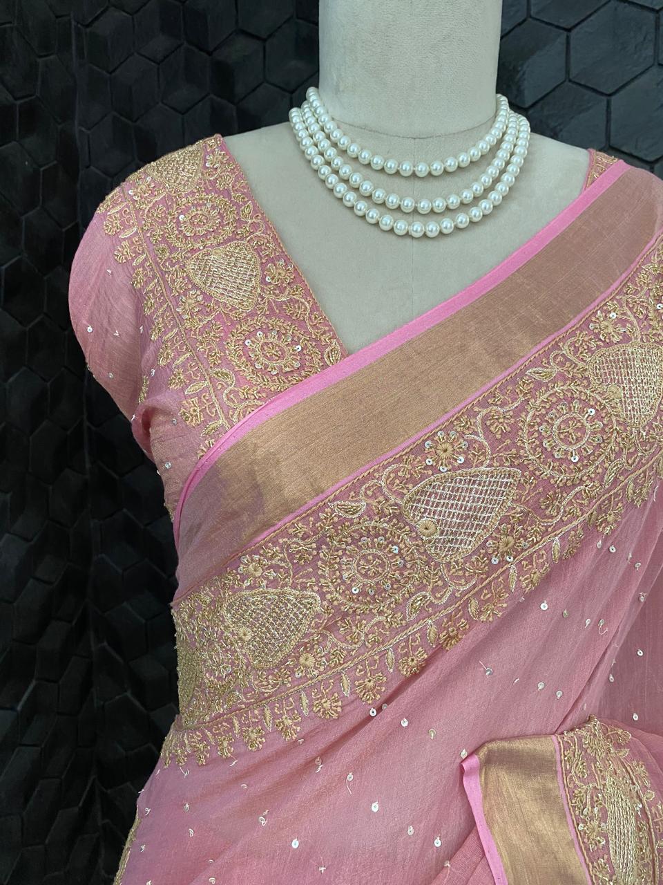 Onion Pink Chikankari Saree in Golden Tissue